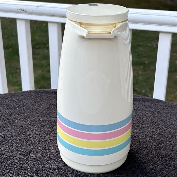 Vintage 1980s THERMOS Vacuum Insulated Carafe #790, Rainbow Stripe, West Germany - Picture 4 of 9